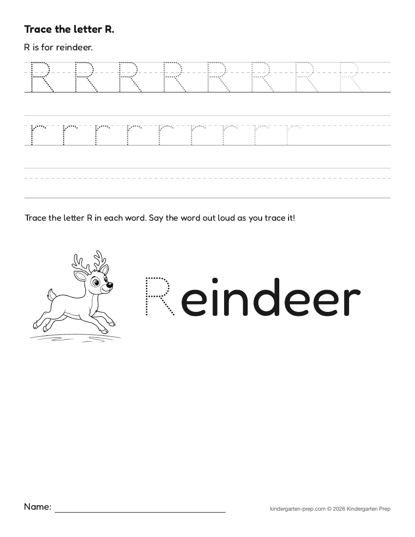 Christmas letter tracing worksheet letter R for preschool, free printable