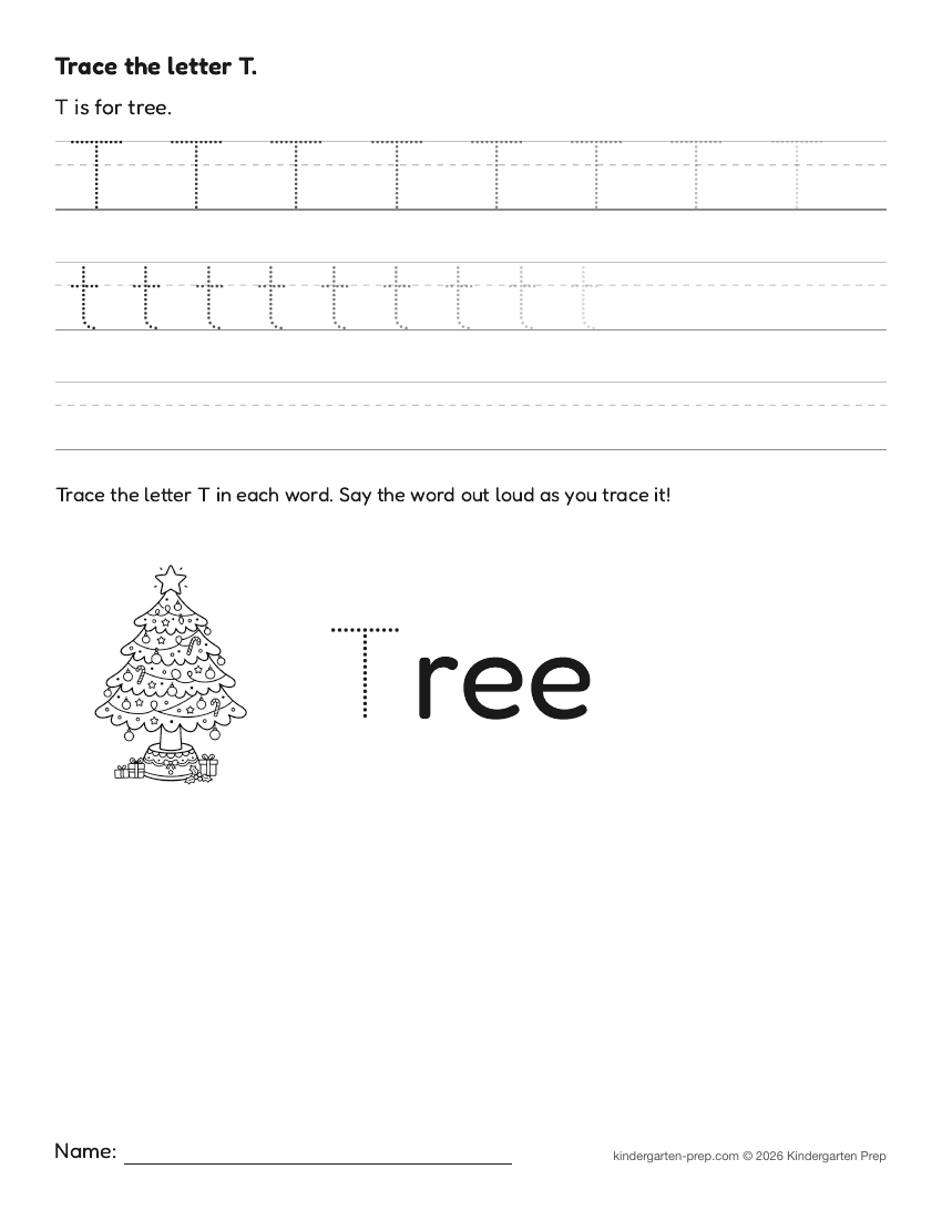 Christmas letter tracing worksheet letter T for preschool, free printable