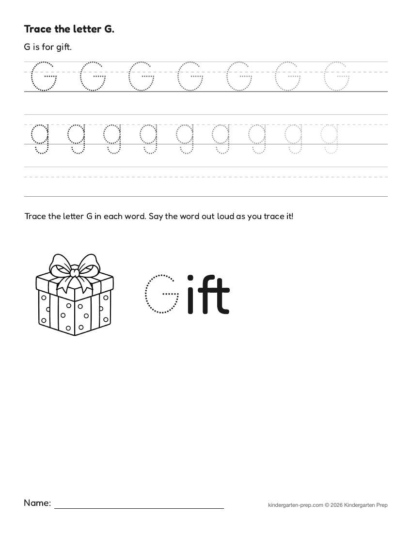Christmas letter tracing worksheet letter G for preschool, free printable