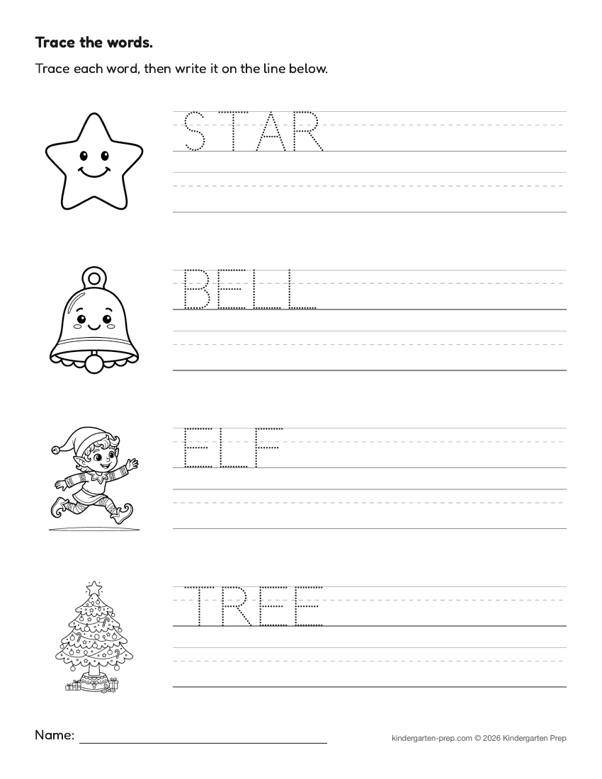 Christmas word tracing worksheet for preschool, free printable