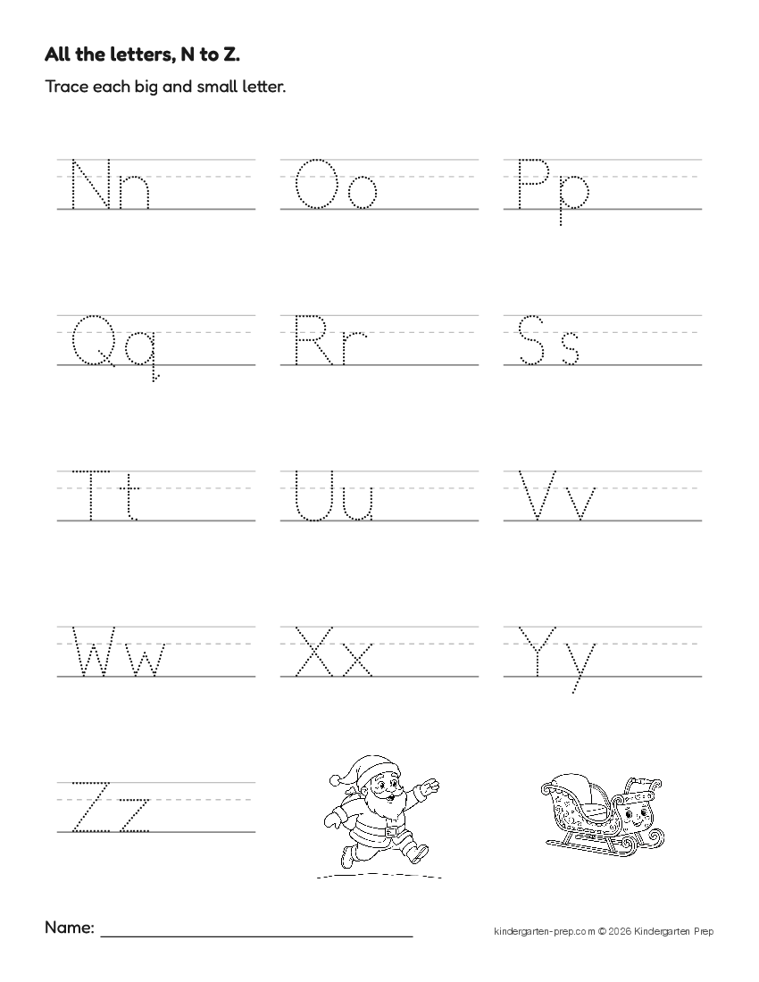 Christmas alphabet tracing worksheet for preschool, free printable