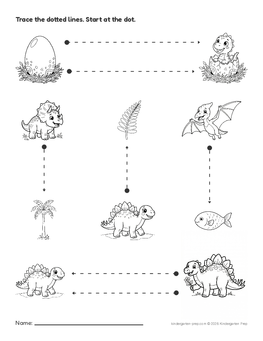 dinosaur tracing lines worksheet for preschool, free printable