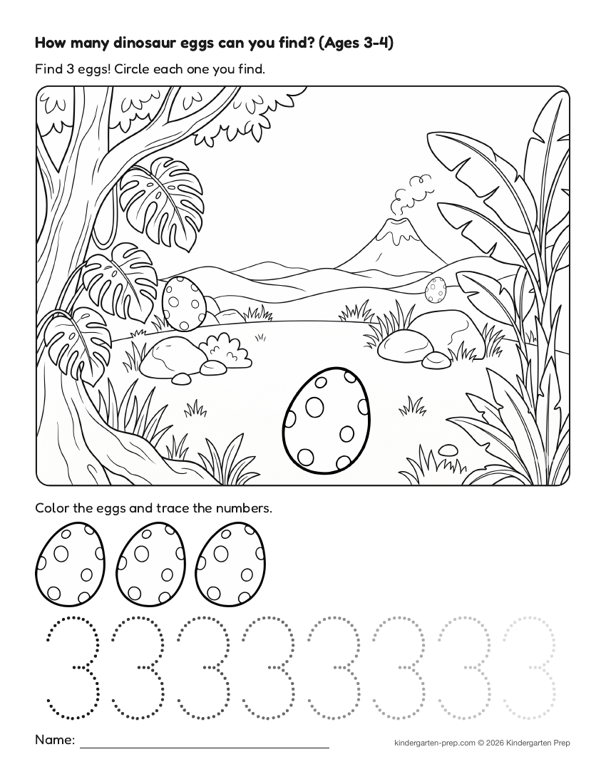 dinosaur counting worksheet, search and count for preschool, free printable