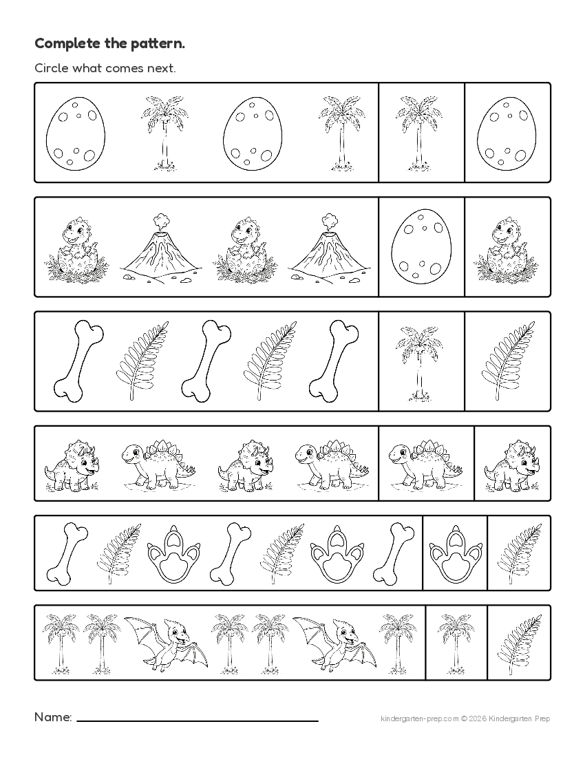 dinosaur pattern worksheet for preschool, free printable