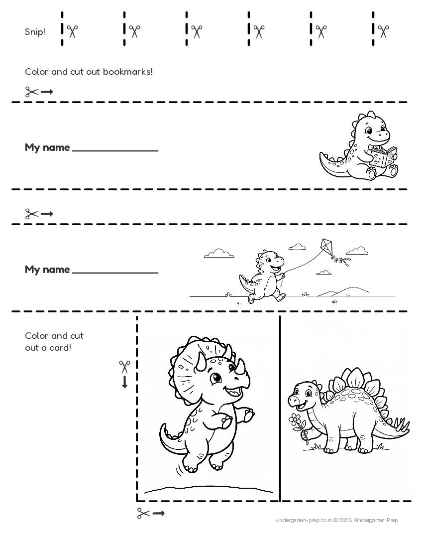 dinosaur cutting practice worksheet for preschool, free printable