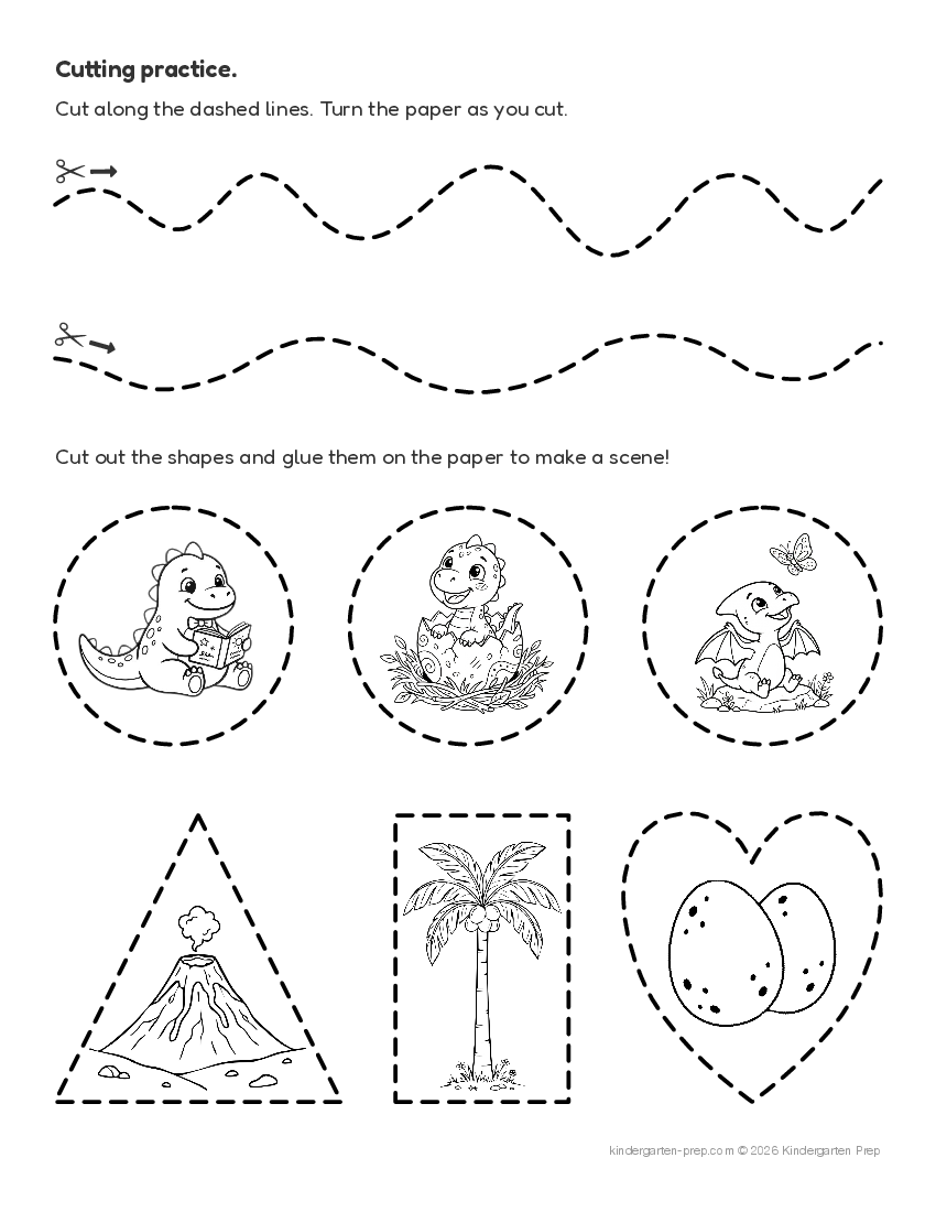 dinosaur cutting practice worksheet, shapes for preschool, free printable