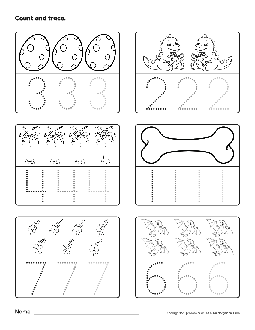 dinosaur number tracing worksheet, count and trace for preschool, free printable