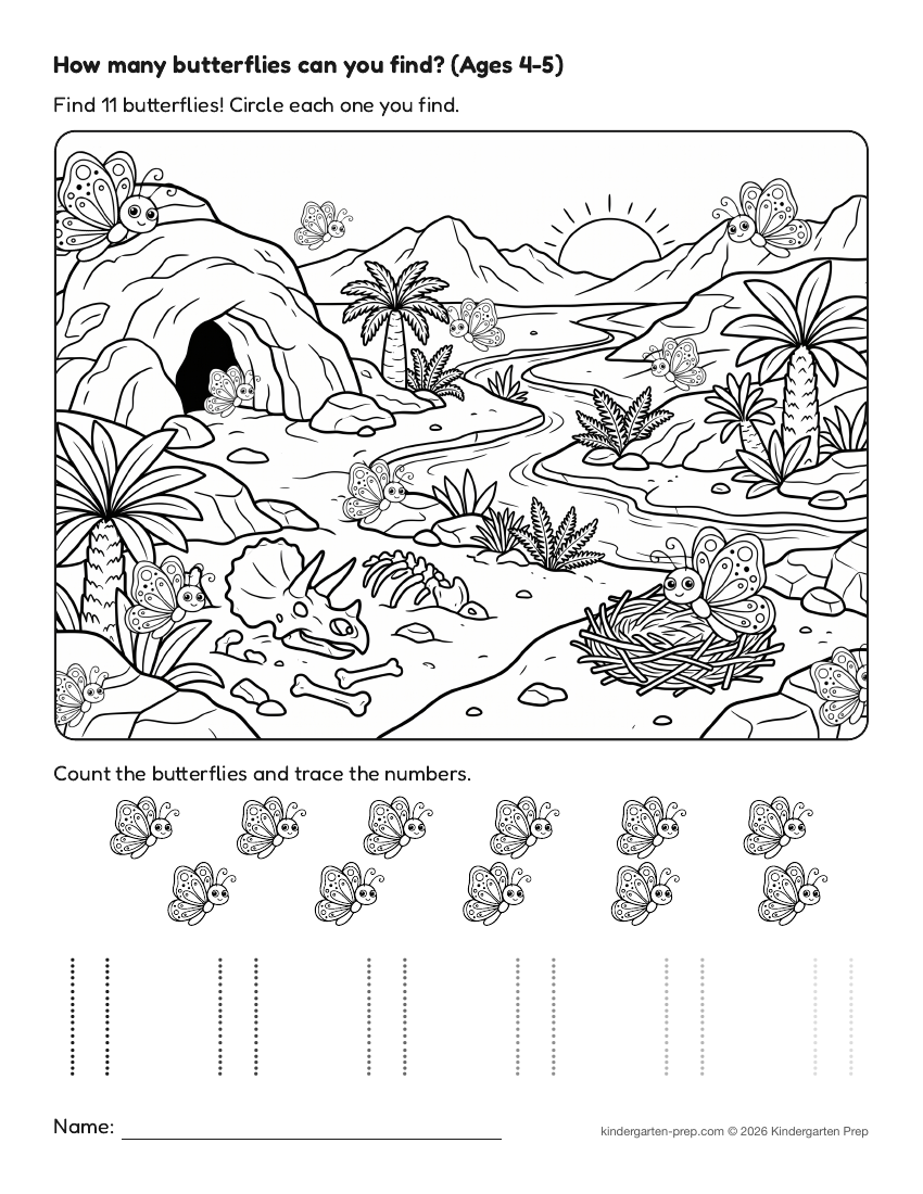 dinosaur counting worksheet, search and count for preschool, free printable