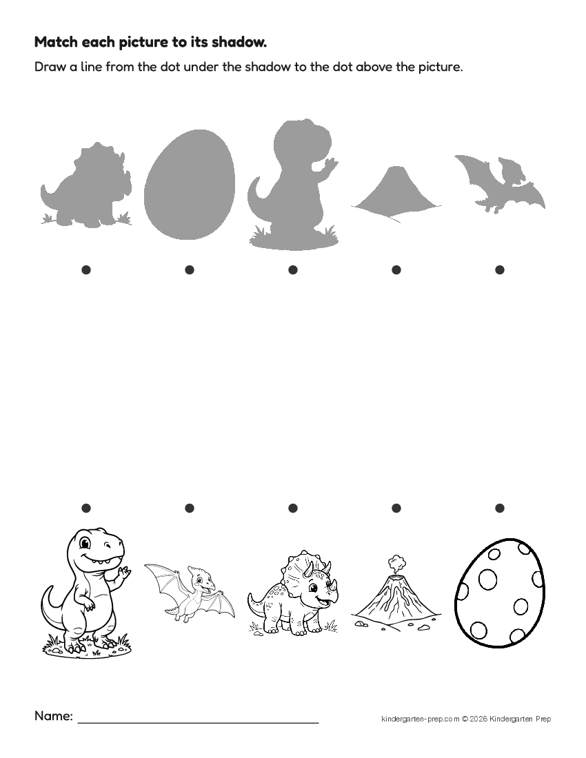 dinosaur shadow matching fine motor worksheet for preschool, free printable