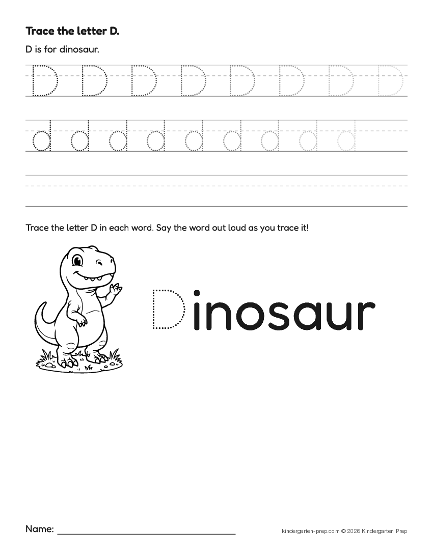 dinosaur letter tracing worksheet letter D for preschool, free printable