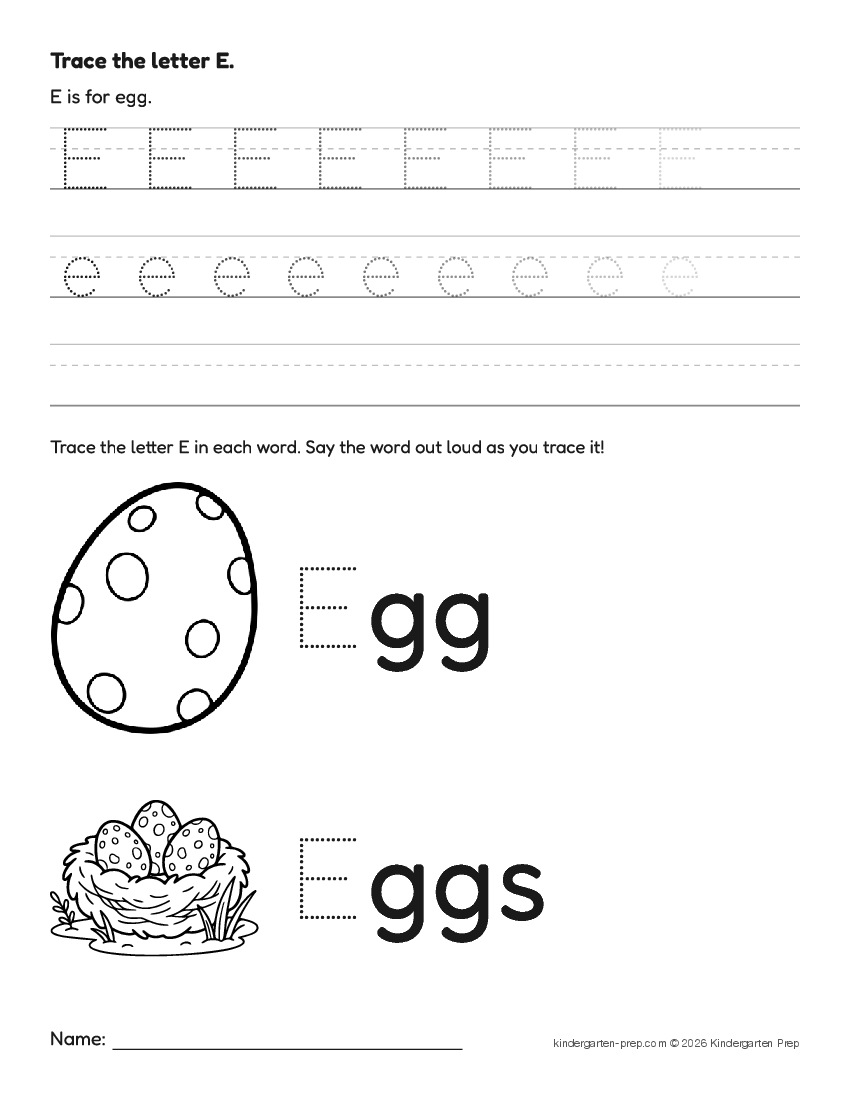 dinosaur letter tracing worksheet letter E for preschool, free printable