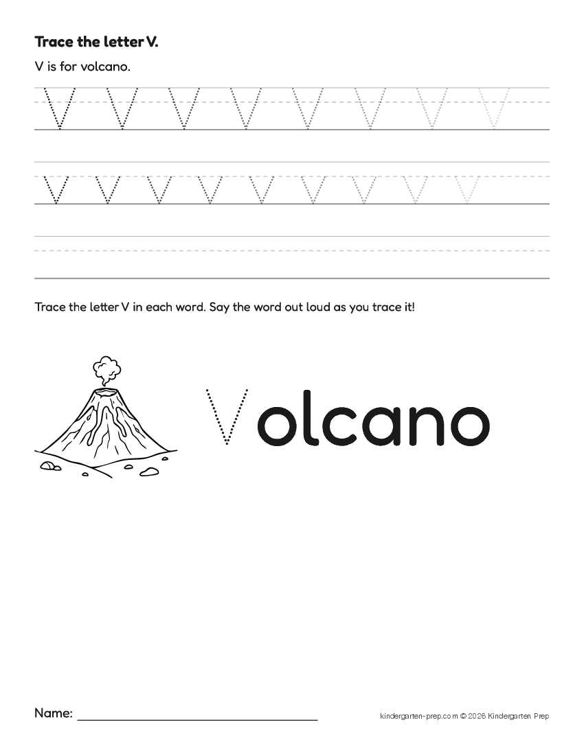 dinosaur letter tracing worksheet letter V for preschool, free printable