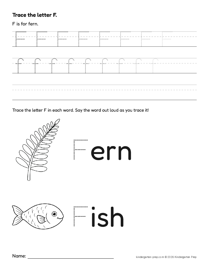 dinosaur letter tracing worksheet letter F for preschool, free printable