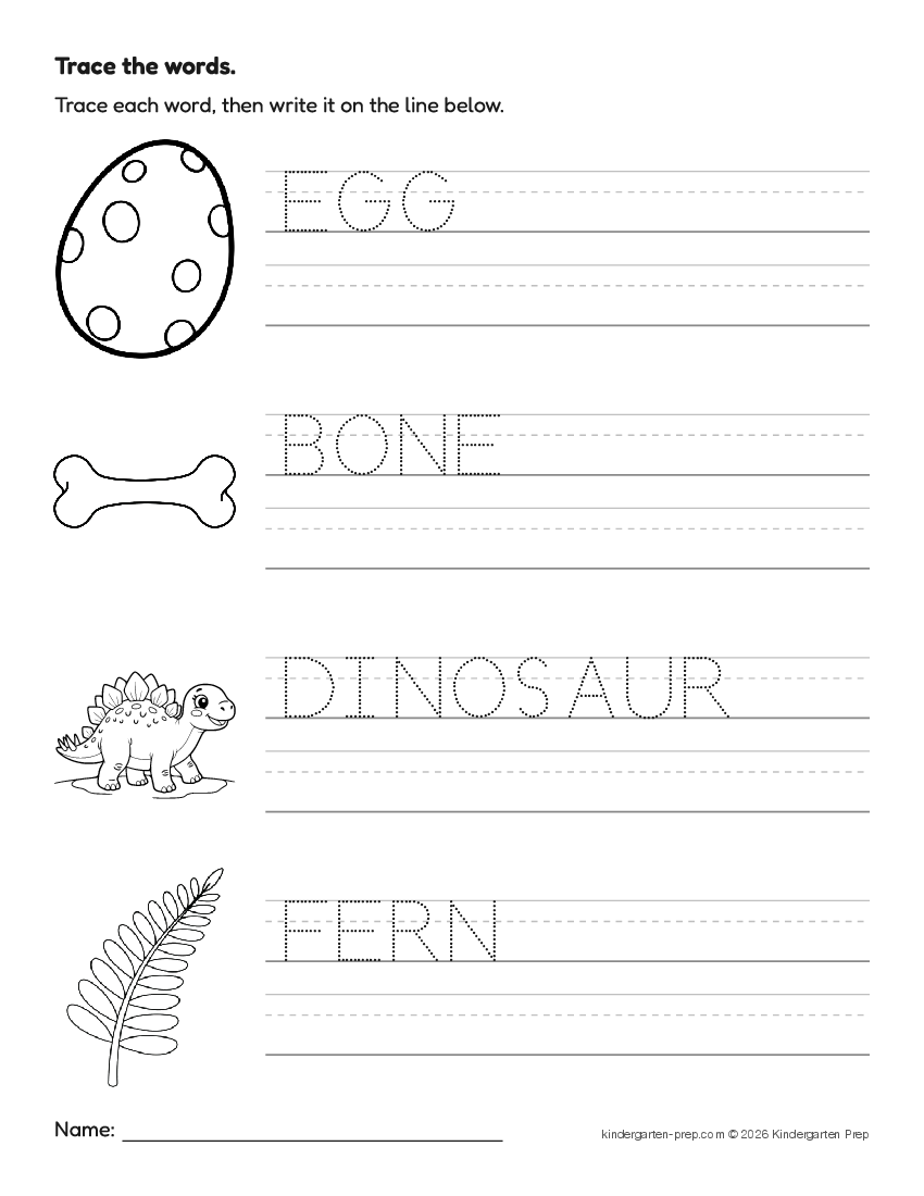 dinosaur word tracing worksheet for preschool, free printable