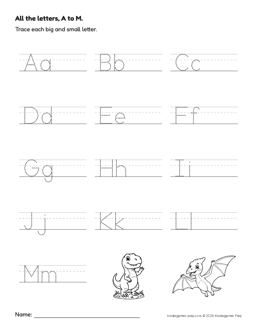 dinosaur alphabet tracing worksheet for preschool, free printable