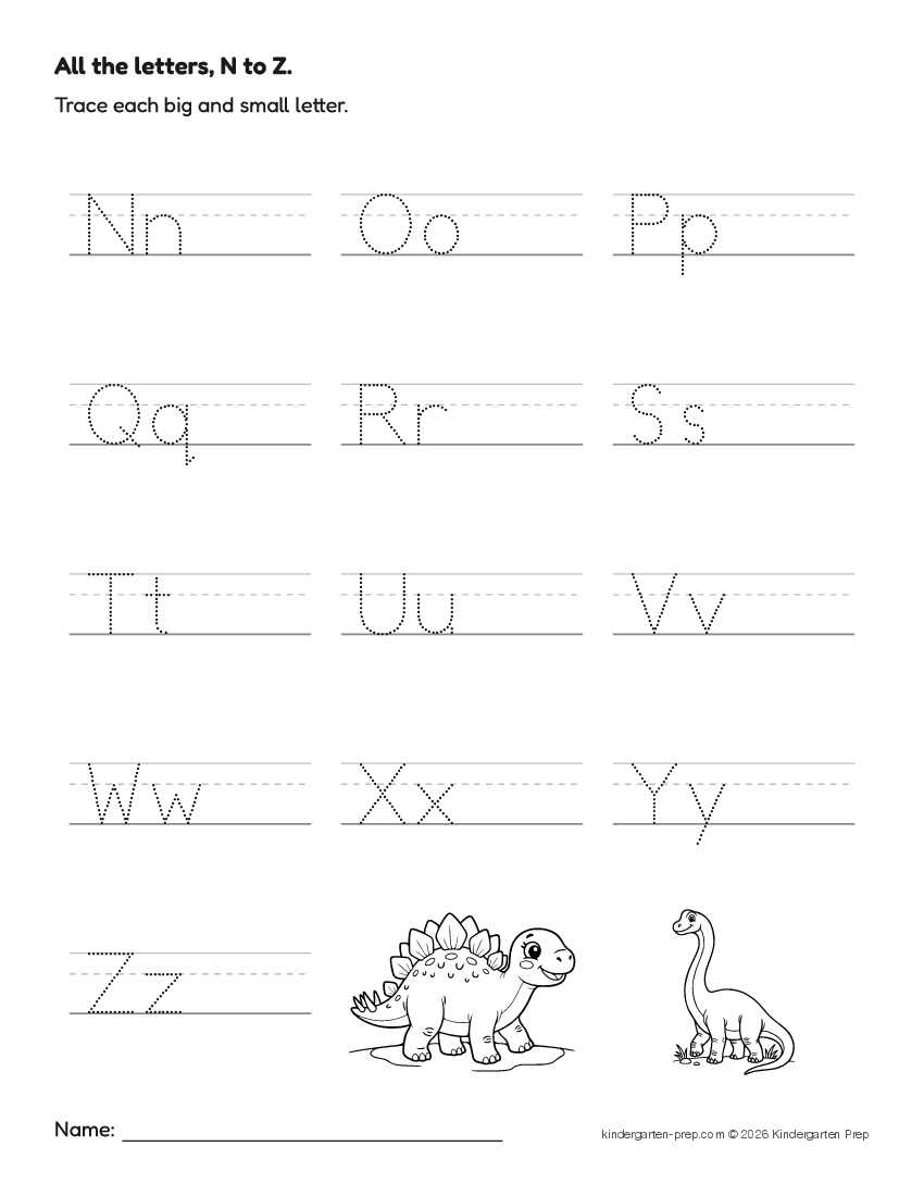 dinosaur alphabet tracing worksheet for preschool, free printable
