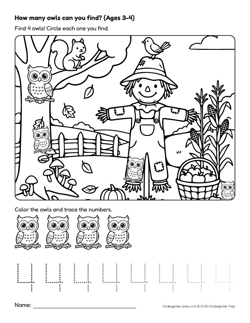 fall counting worksheet, search and count for preschool, free printable