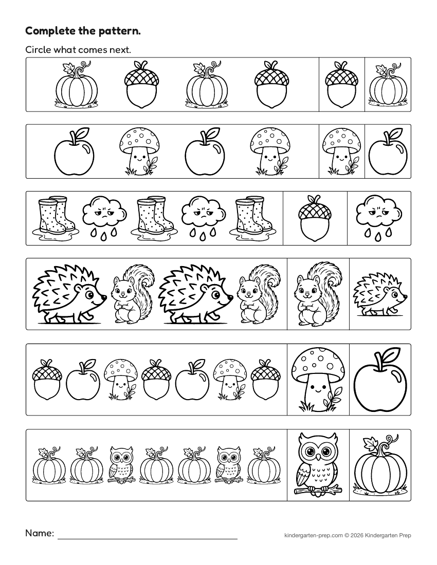 fall pattern worksheet for preschool, free printable