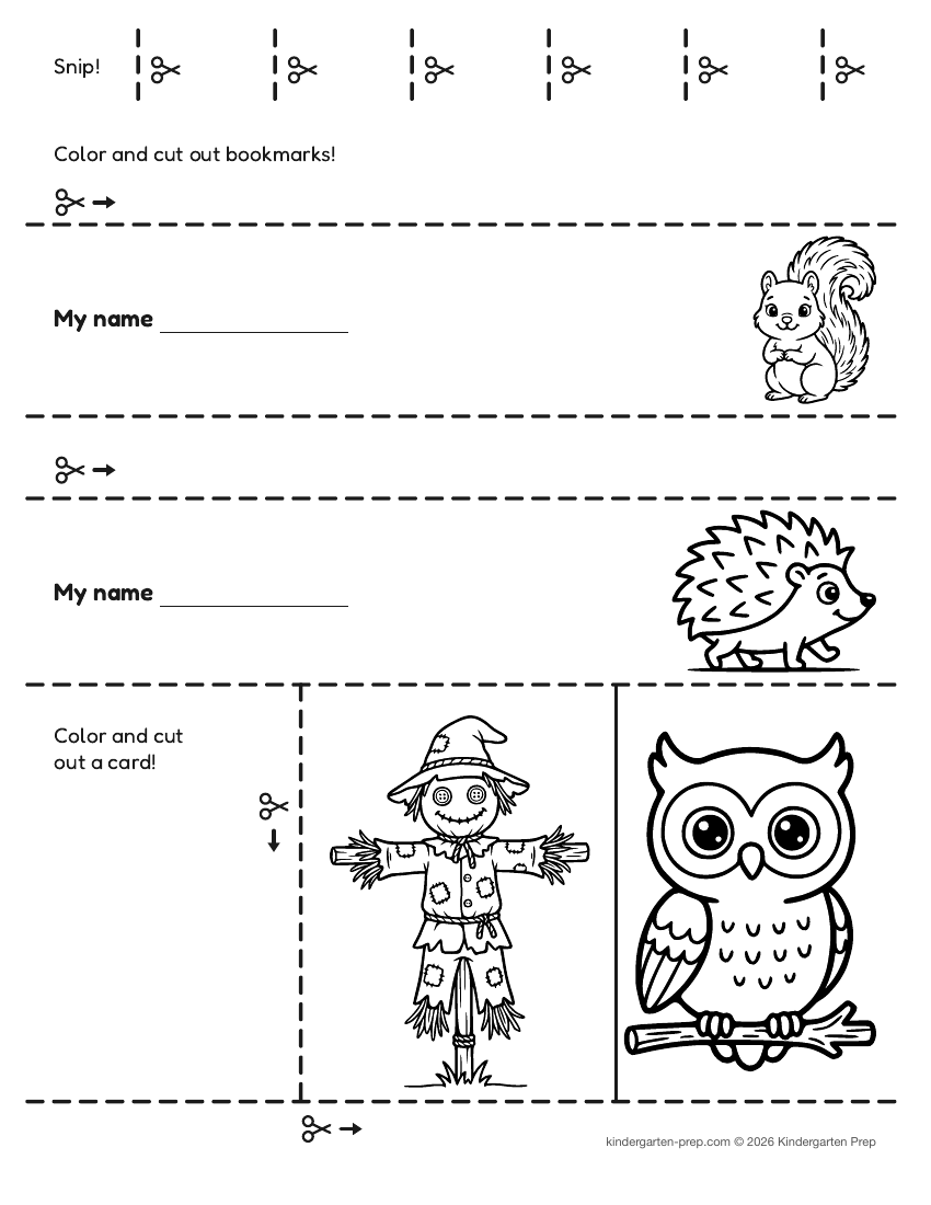 fall cutting practice worksheet for preschool, free printable