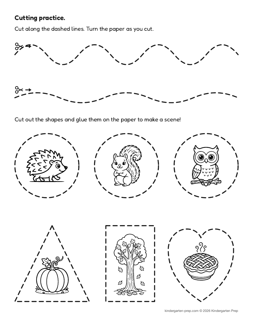 fall cutting practice worksheet, shapes for preschool, free printable