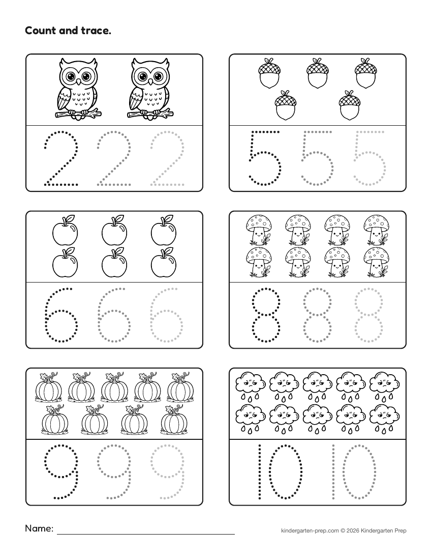 fall number tracing worksheet, count and trace for preschool, free printable