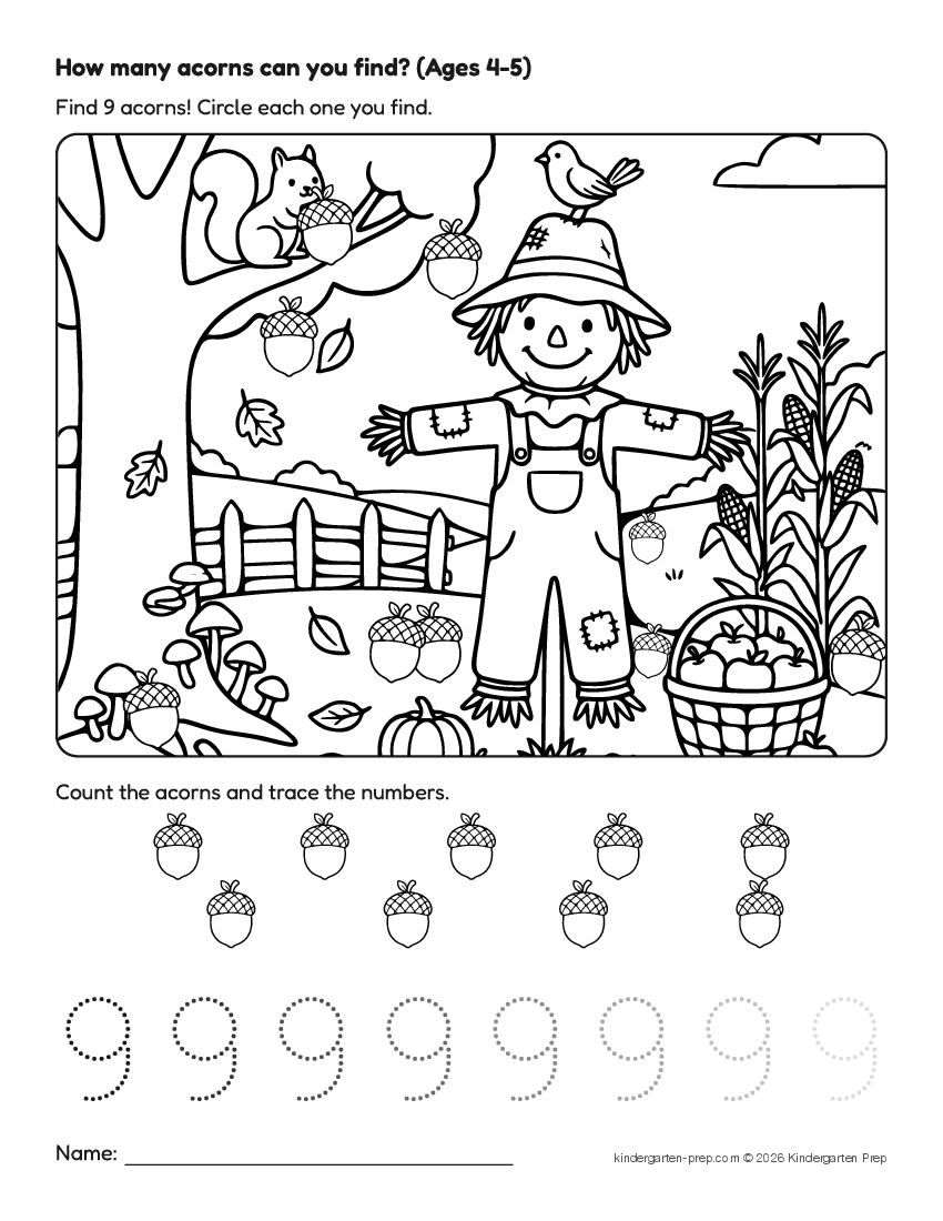 fall counting worksheet, search and count for preschool, free printable