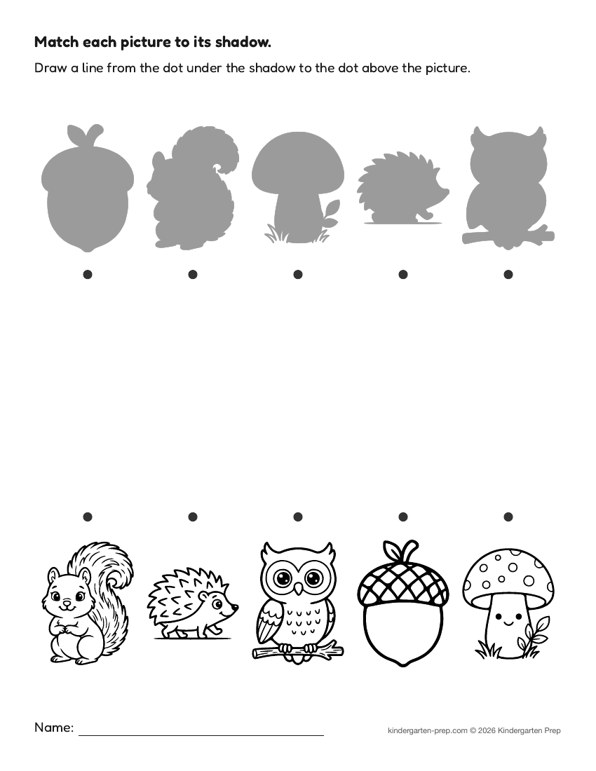 fall shadow matching fine motor worksheet for preschool, free printable