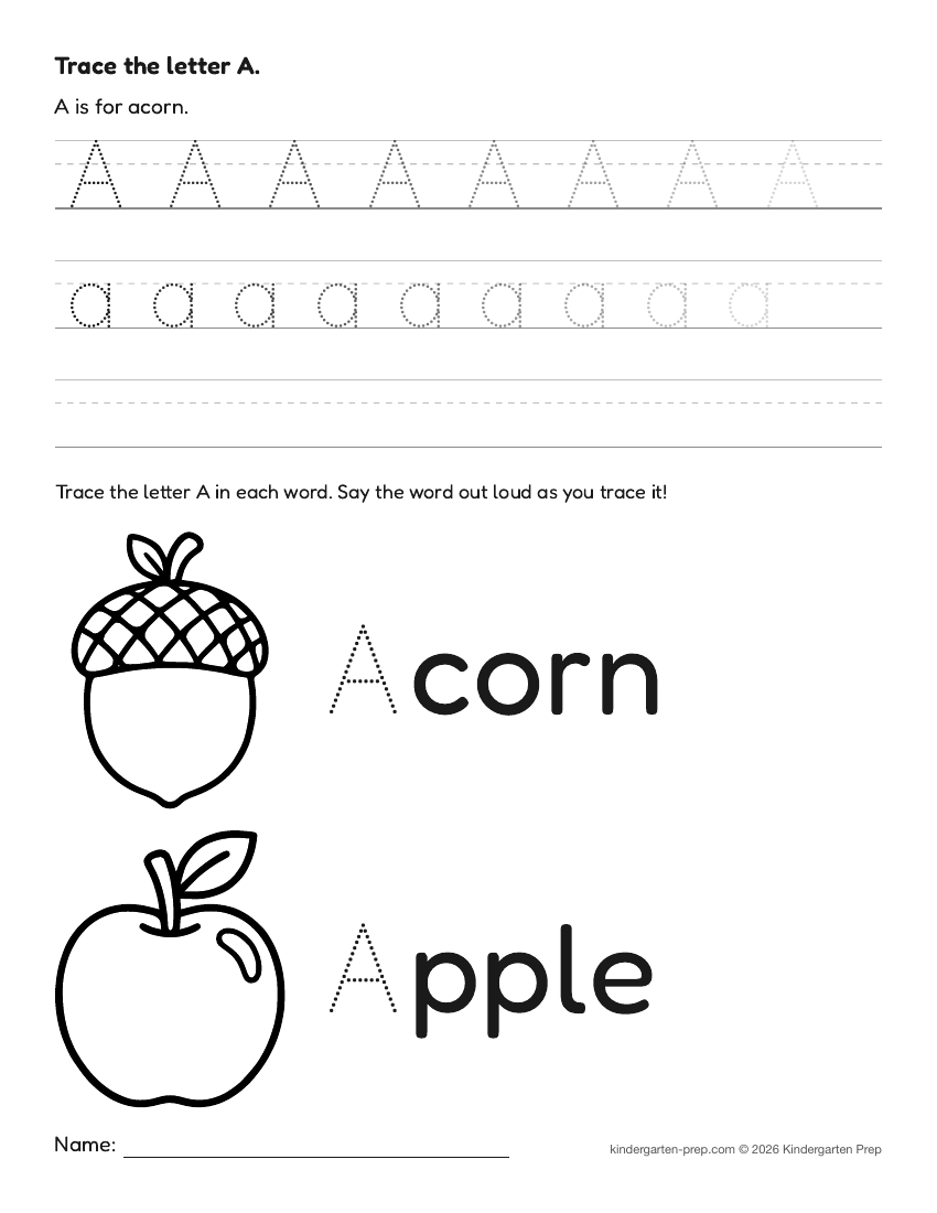 fall letter tracing worksheet letter A for preschool, free printable