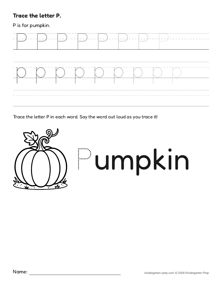 fall letter tracing worksheet letter P for preschool, free printable