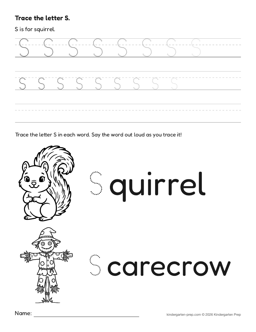 fall letter tracing worksheet letter S for preschool, free printable