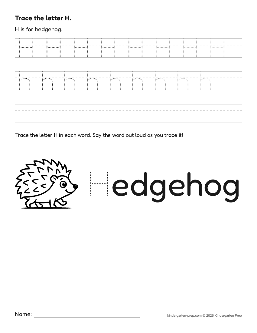 fall letter tracing worksheet letter H for preschool, free printable