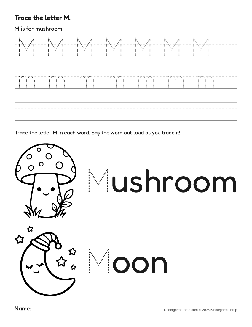 fall letter tracing worksheet letter M for preschool, free printable