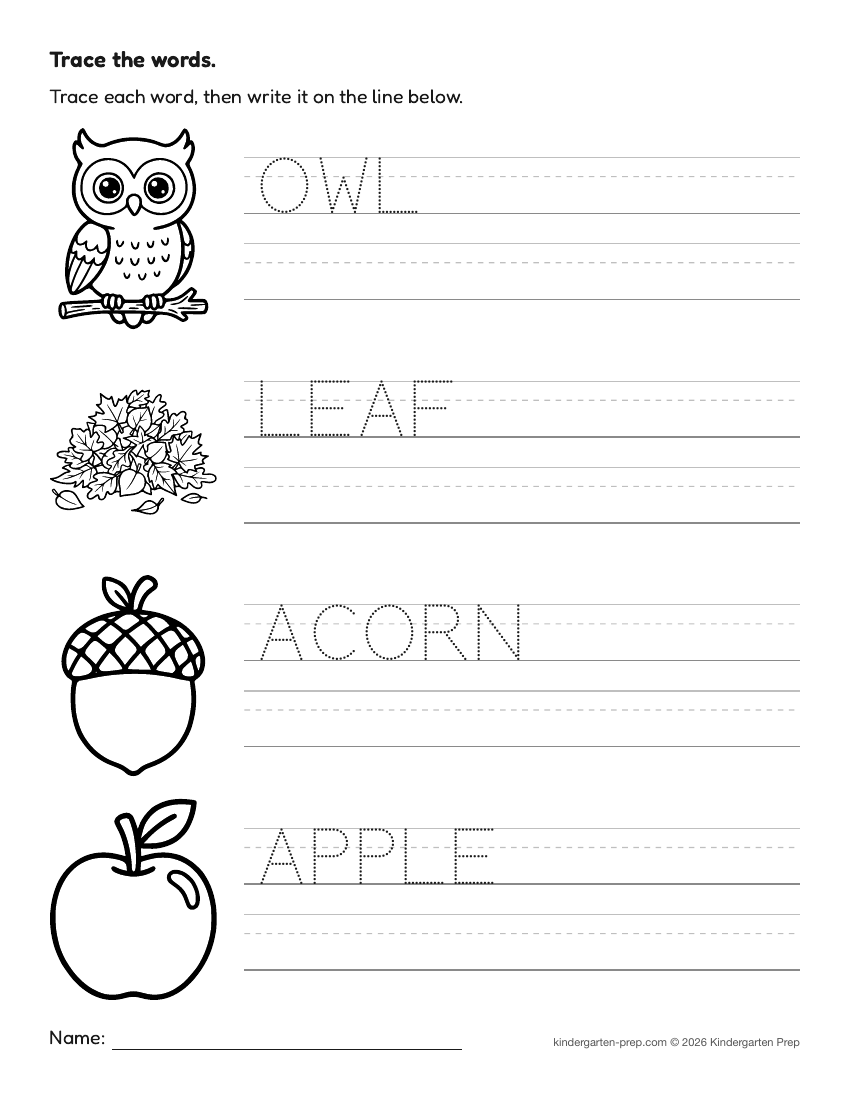 fall word tracing worksheet for preschool, free printable