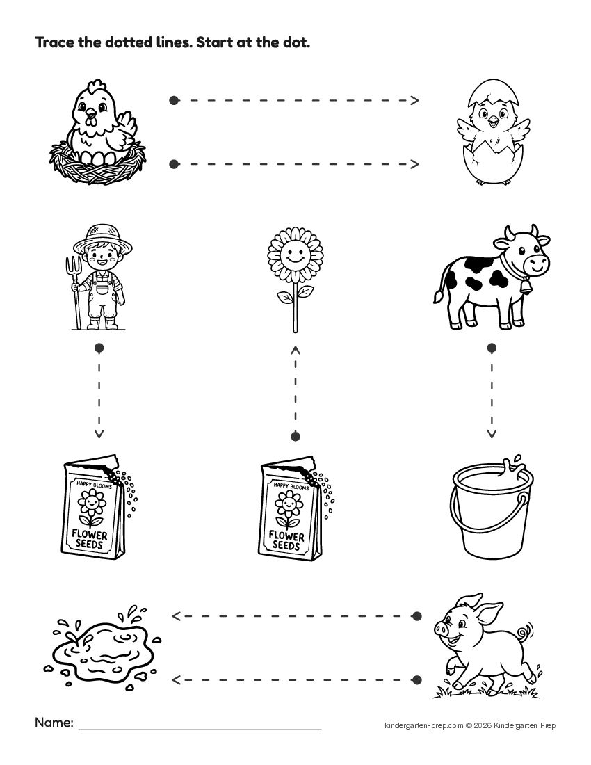 farm tracing lines worksheet for preschool, free printable