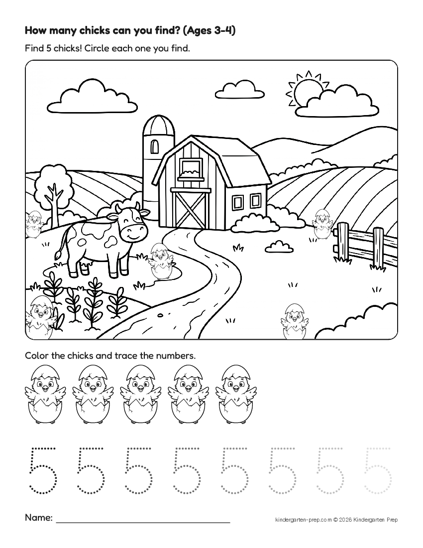farm counting worksheet, search and count for preschool, free printable