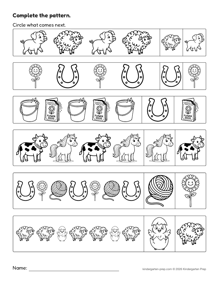 farm pattern worksheet for preschool, free printable