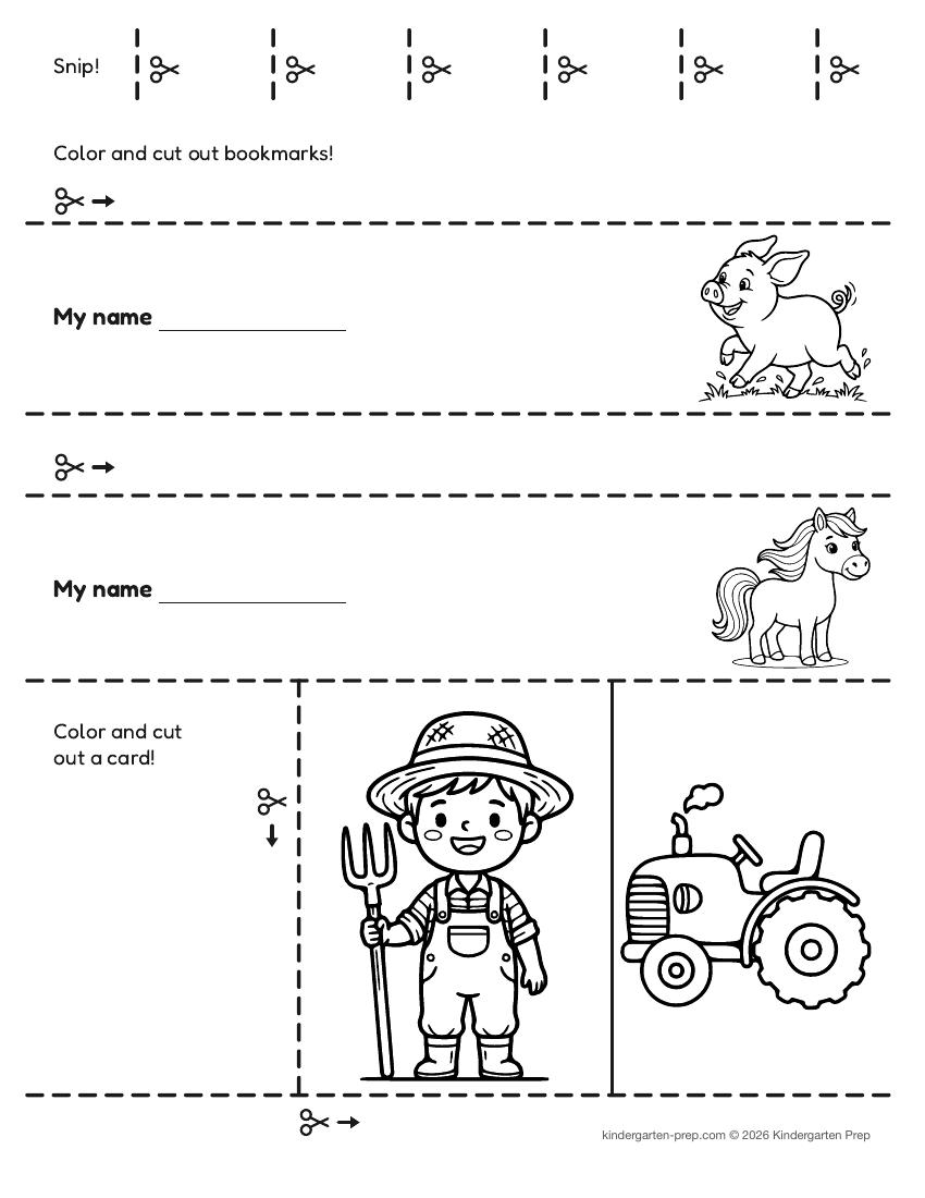 farm cutting practice worksheet for preschool, free printable