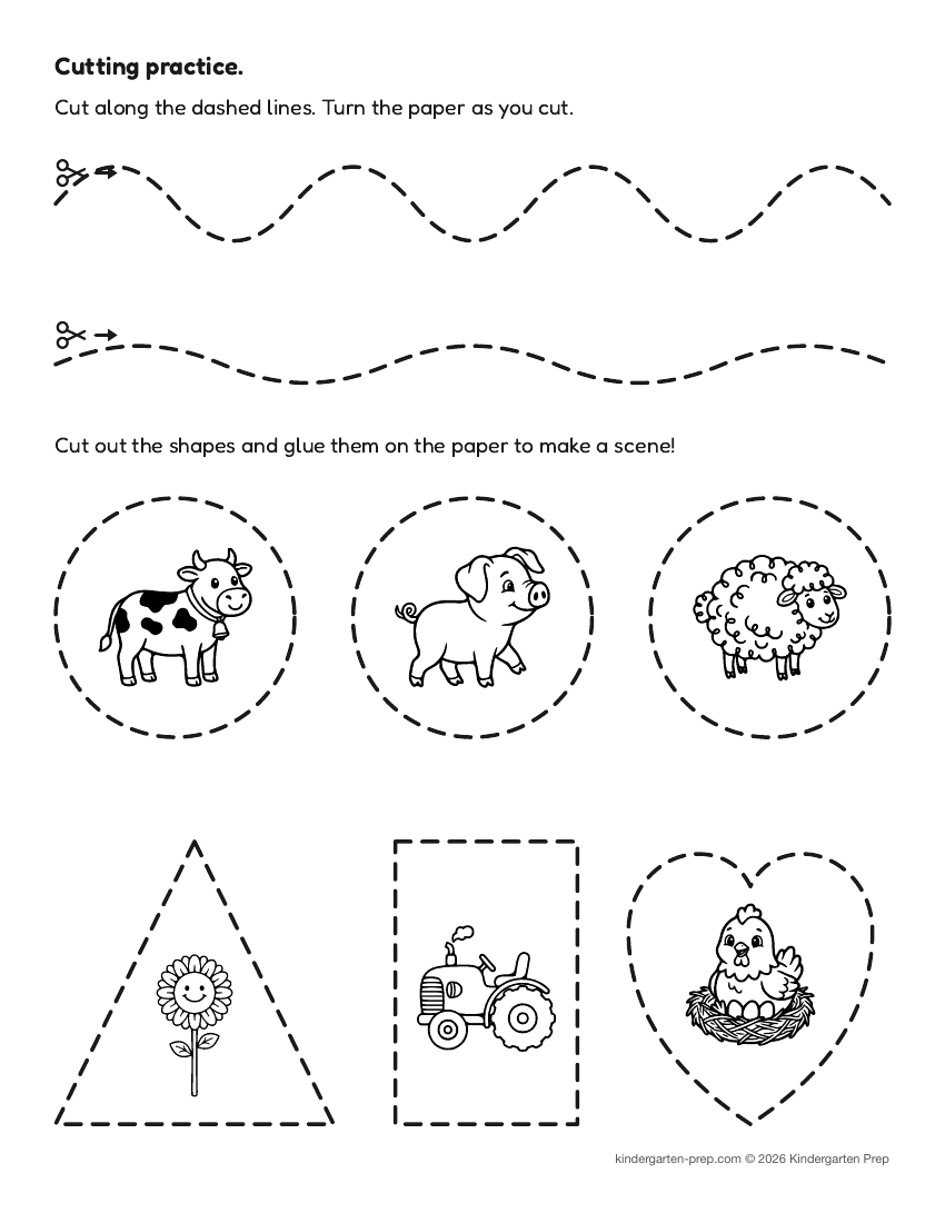 farm cutting practice worksheet, shapes for preschool, free printable