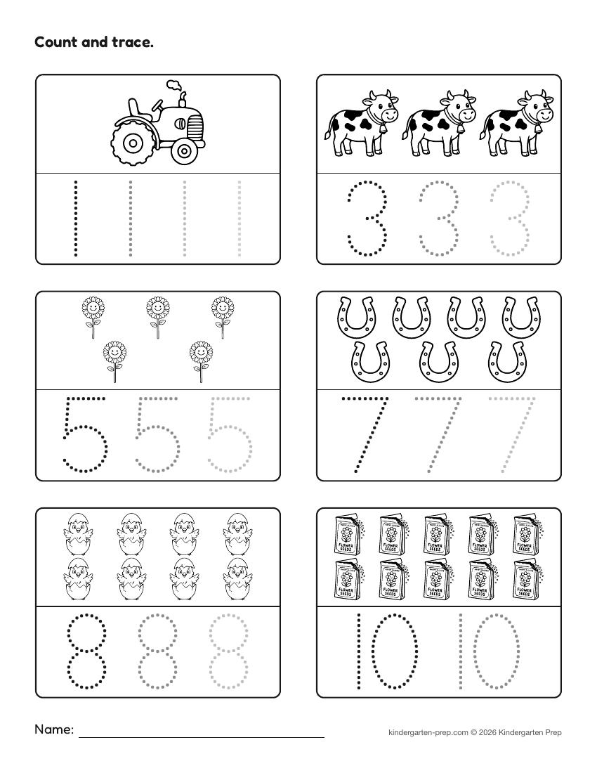 farm number tracing worksheet, count and trace for preschool, free printable