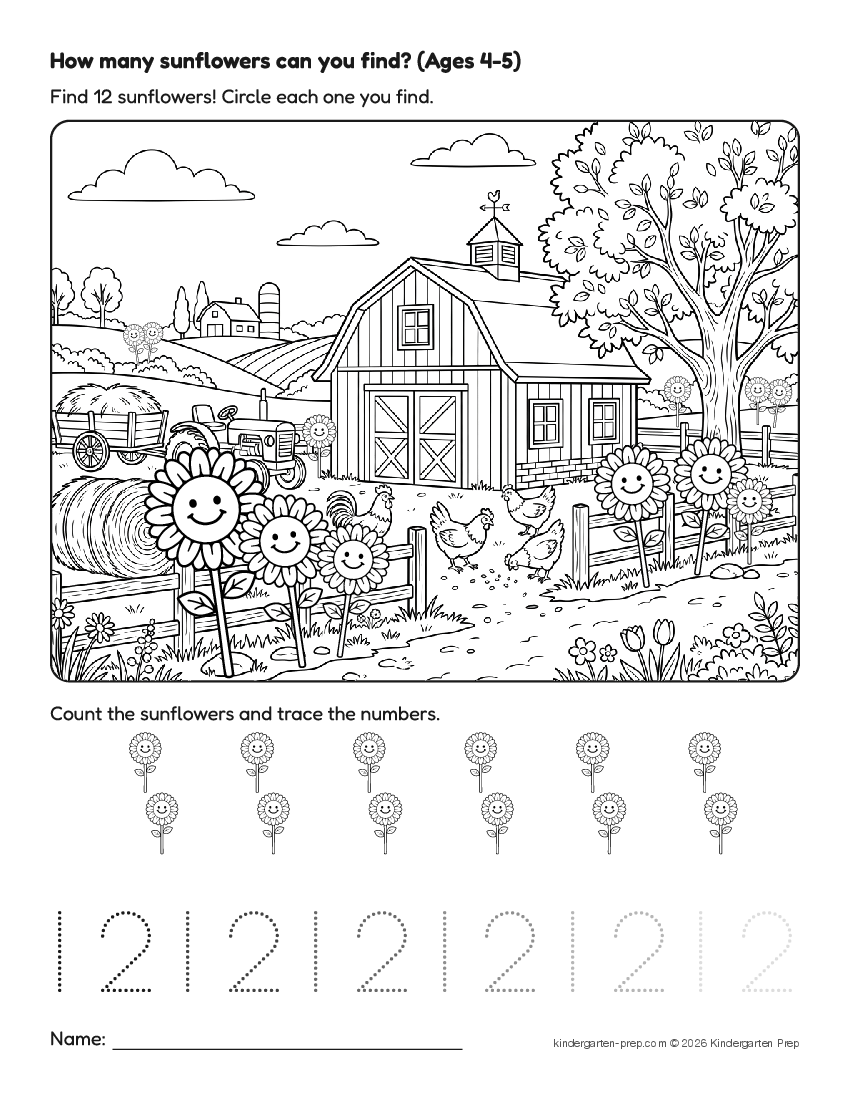 farm counting worksheet, search and count for preschool, free printable