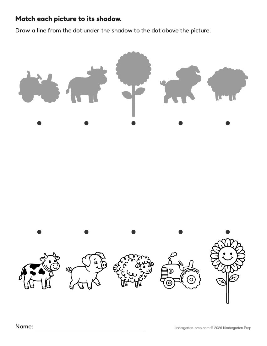 farm shadow matching fine motor worksheet for preschool, free printable