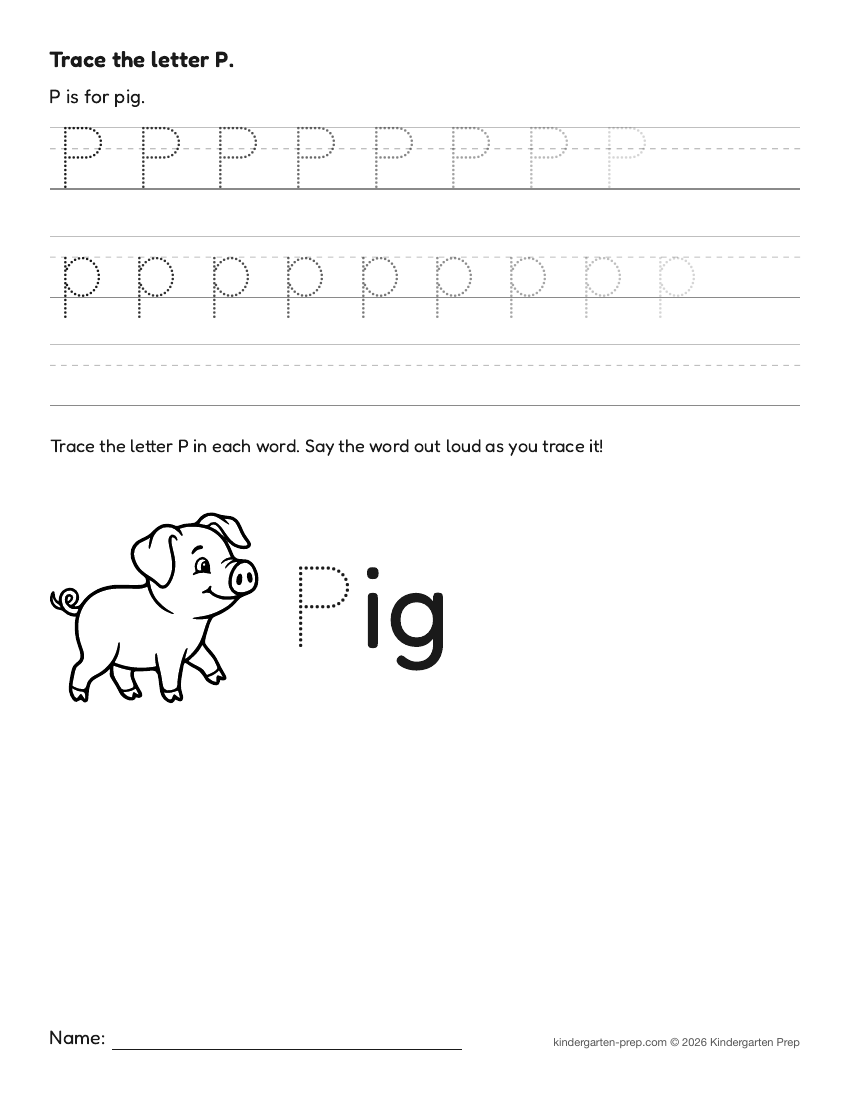 farm letter tracing worksheet letter P for preschool, free printable
