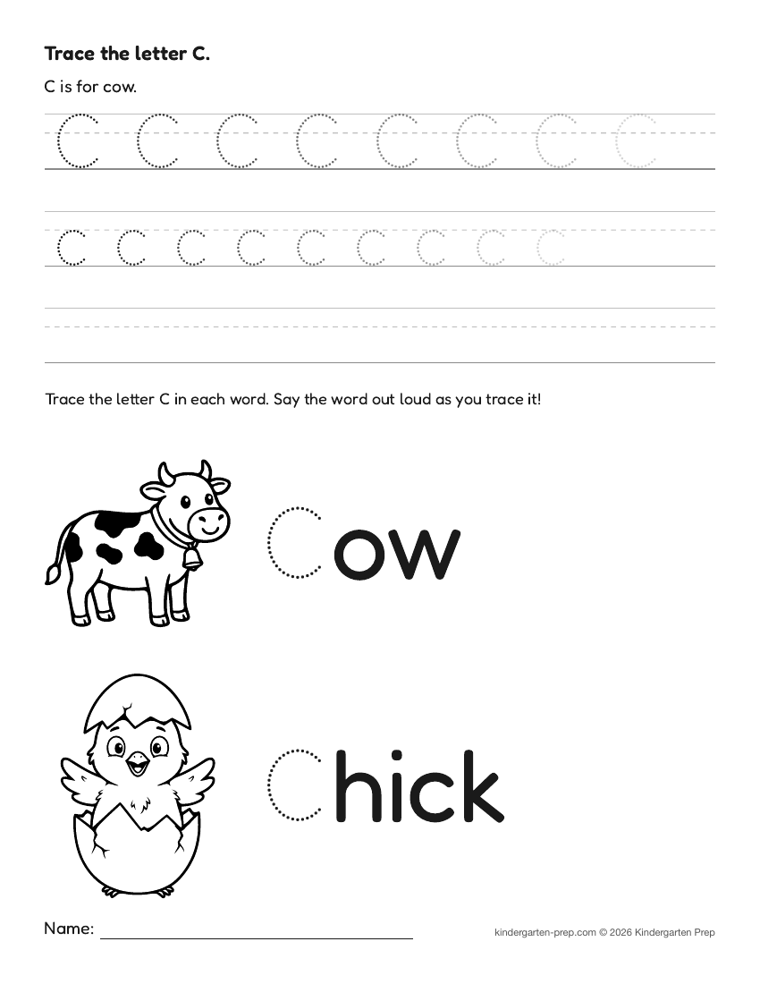 farm letter tracing worksheet letter C for preschool, free printable