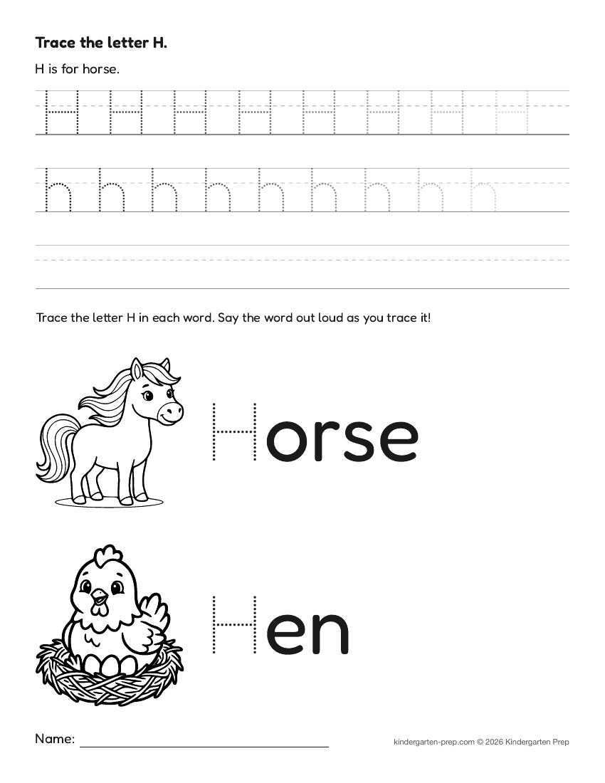 farm letter tracing worksheet letter H for preschool, free printable