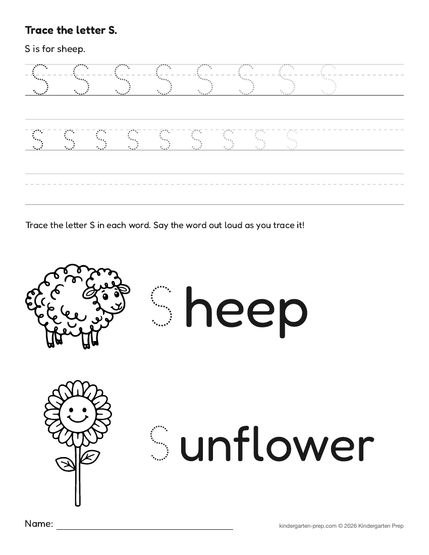 farm letter tracing worksheet letter S for preschool, free printable