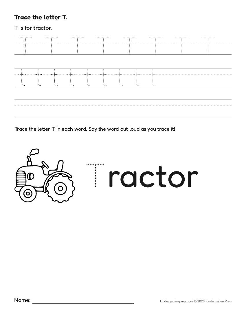 farm letter tracing worksheet letter T for preschool, free printable