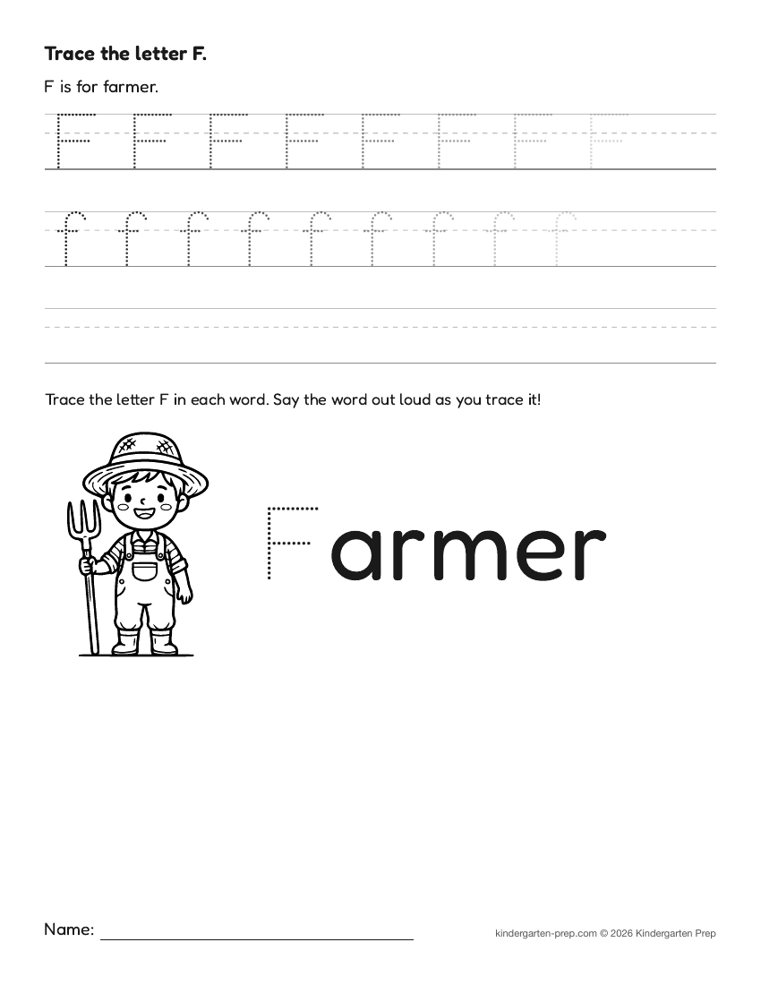 farm letter tracing worksheet letter F for preschool, free printable