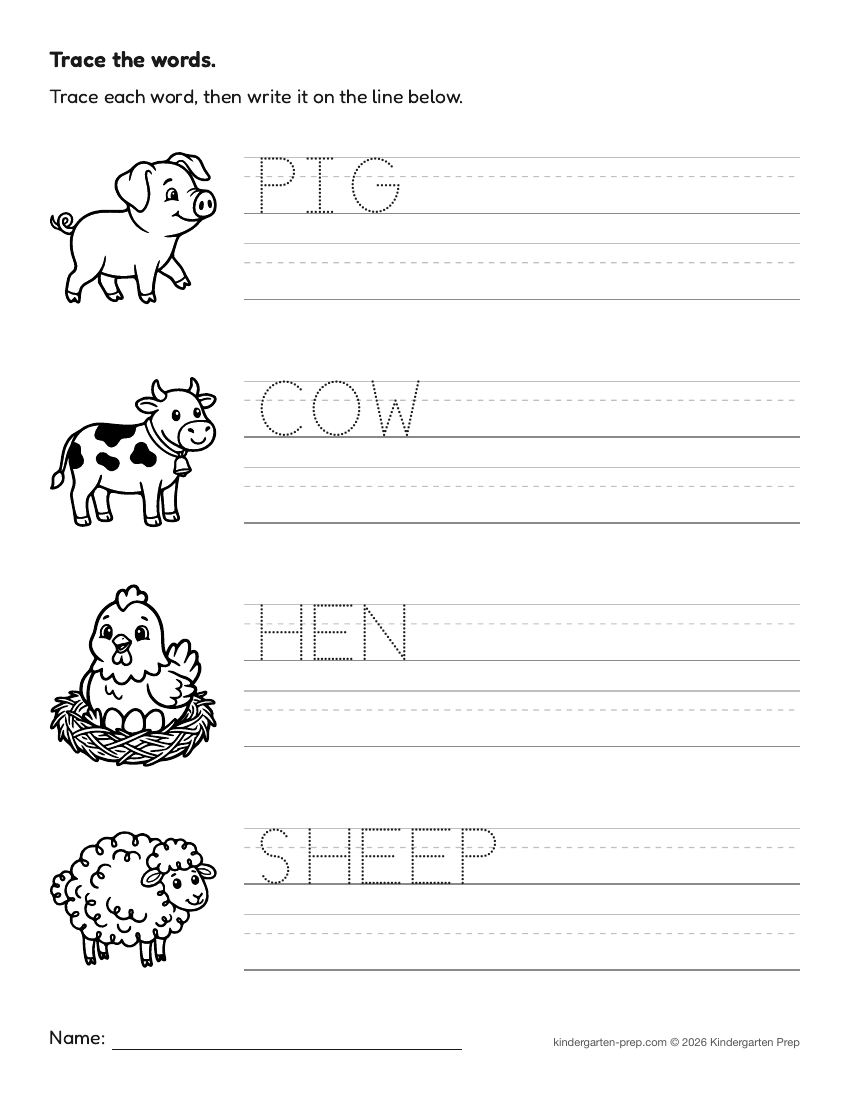 farm word tracing worksheet for preschool, free printable