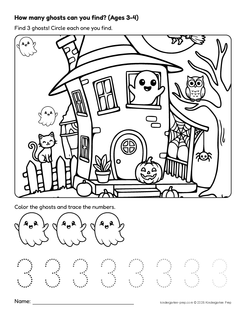 Halloween counting worksheet, search and count for preschool, free printable