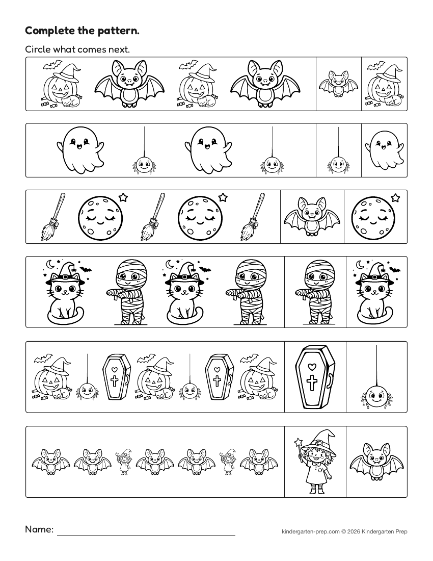 Halloween pattern worksheet for preschool, free printable